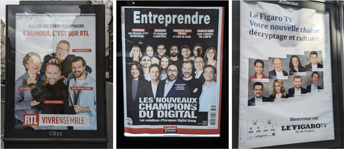 Photos de 3 affiches pour RTL, le Figaro.TV et Entreprendre où on ne voit que des personnes blanches