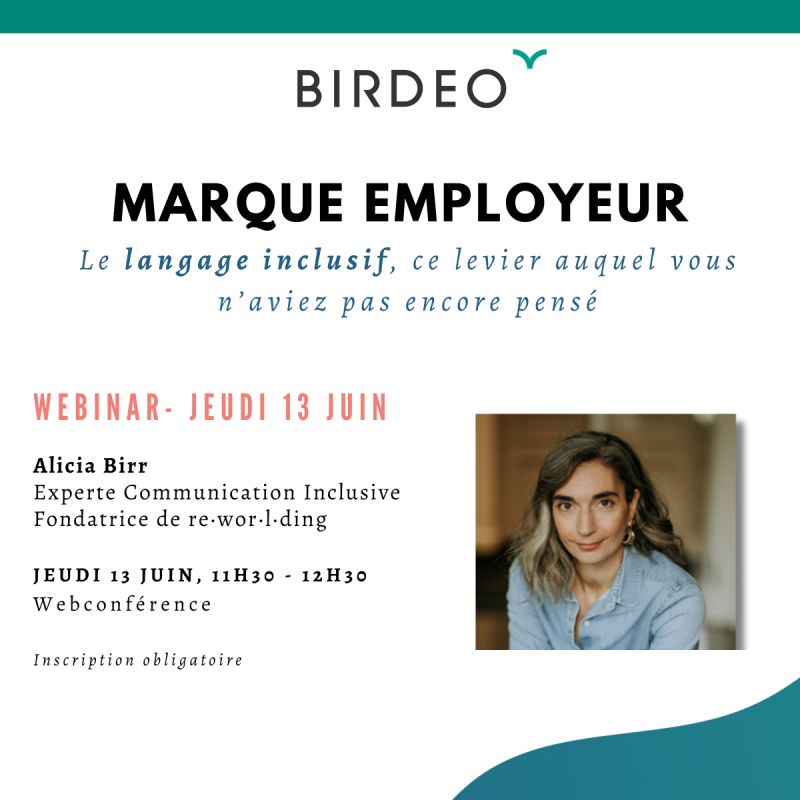 Flyer promotionnel pour le webinar "Marque employeur : le langage inclusif, ce levier auquel vous n'aviez pas encore pensé". 