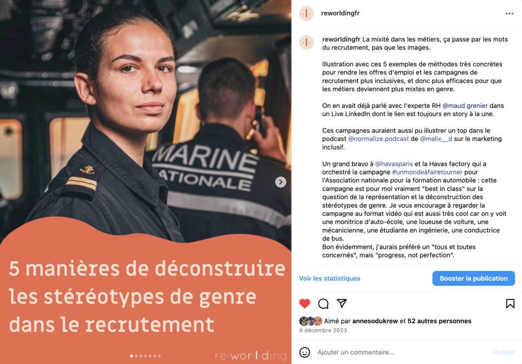 Post Instagram de re·wor·l·ding sur les 5 manières de déconstruire les stéréotypes de genre dans le recrutement