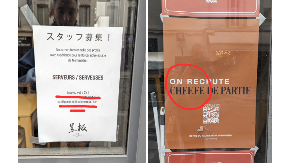 2 affiches inclusives pour deux restaurant pour recruter des "Serveurs / Serveuses" ou un ou une "chef·fe de partie"