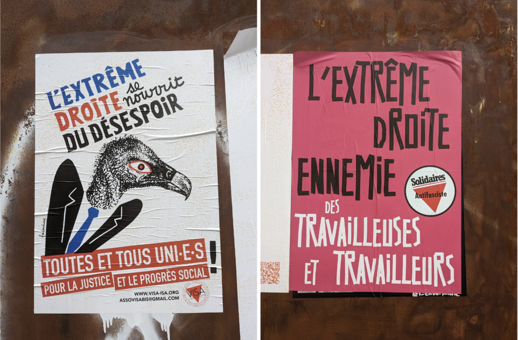 Affiches pour l'association Visa et le syndicat Solidaires où on lit : "Toutes et tous uni·es pour la justice et le progrès social" et "l'extrême droite ennemie des travailleuses et travailleurs