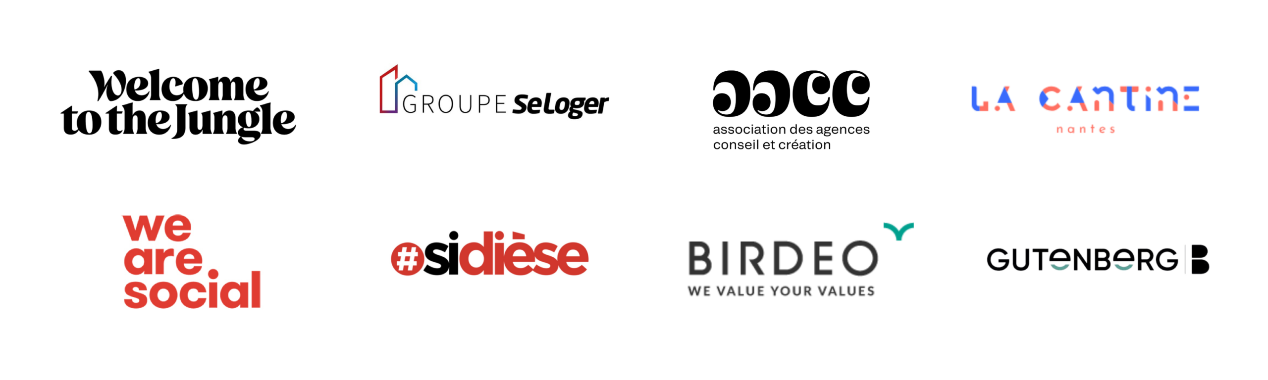 Logo des entreprises Welcome to the Jungle, We Are Social, Groupe Seloger, sidièse, AACC, Birdeo, La Cantine Nantes, Gutenberg