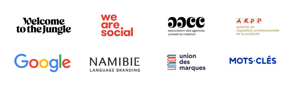 Logos des entreprises Welcome to the Jungle, Google, We are social, Namibie, AACC, Union des marques, ARPP, Mots-Clés.