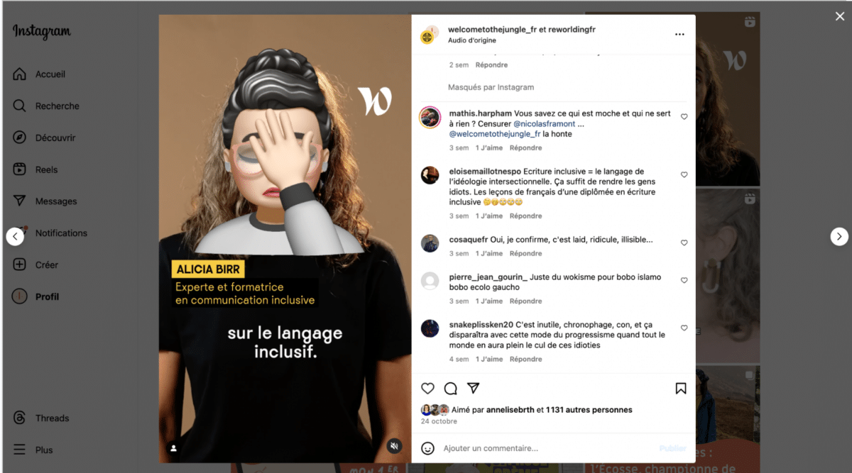 Capture d'écran d'un feed Instagram où on voit les commentaires d'une interview d'Alicia sur Welcome to the Jungle