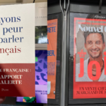 2 images côté à côte : la couverture du livre "N'ayons pas peur de parler français" et une couverture du Nouvel Obs "Le pouvoir de la joie" avec un portrait de Thomas Joly