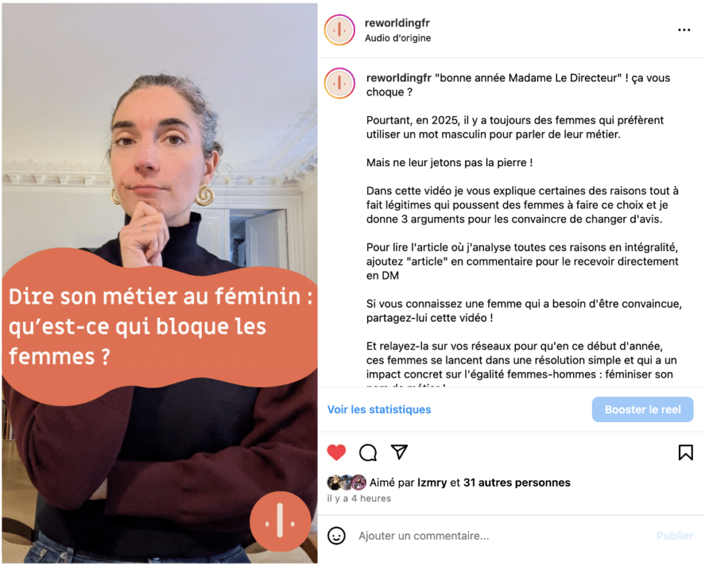 Capture d'écran d'un post Instagram de re·wor·l·ding