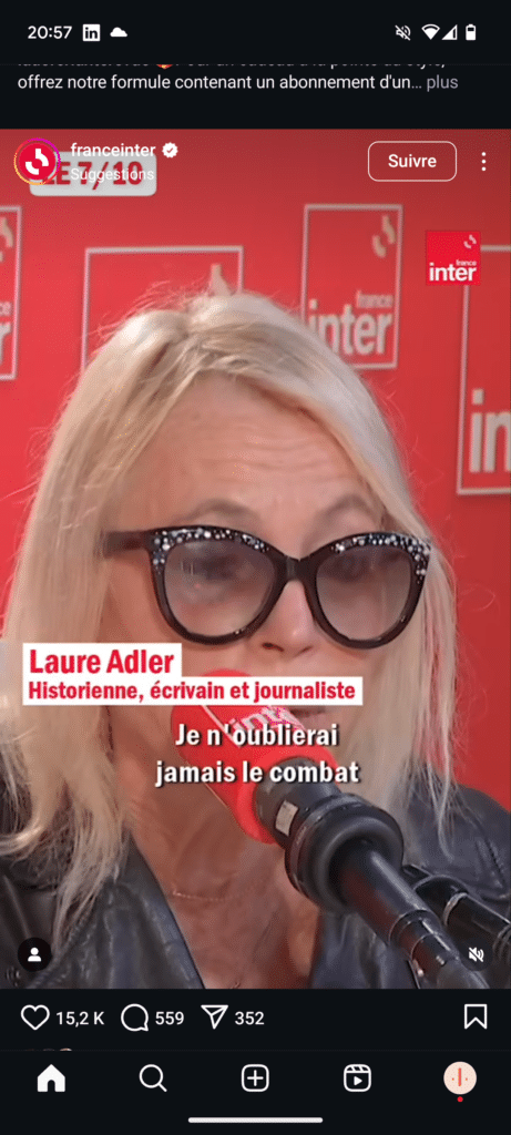 Capture d'écran d'une vidéo de France Inter sur Instagram où on voit Laura Adler interviewée, avec le titre "Historienne, écrivain et journaliste"