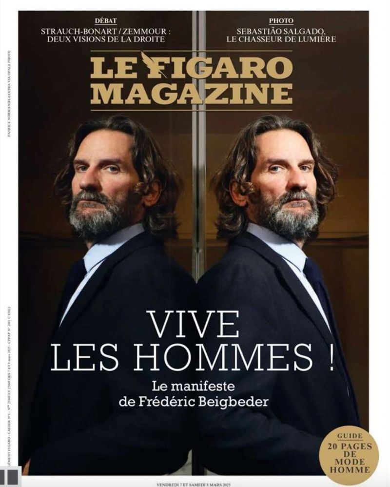 Couverture du Figaro Magazine où on voit Frédéric Beigbeder avec le titre "Vive les hommes", le manifeste de Frédéric Beigbeder.