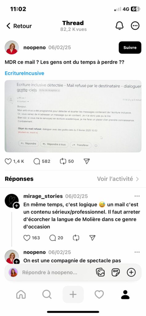 Capture d'écran du réseau social Thread oùune personne partage un email automatique intitulé "écriture inclusive détectée - mail refusé par le destinataire"
