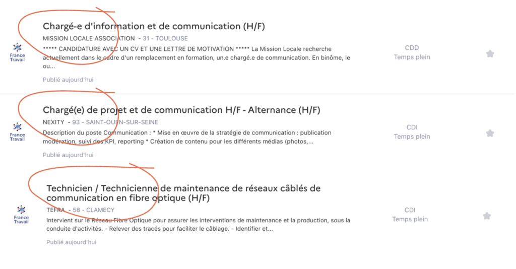 Capture d'écran d'offres d'emploi sur le site de France Travail où les intitulés de poste utilisent de la ponctuation inclusive (tiret ou parenthèse) ou des doublets. 