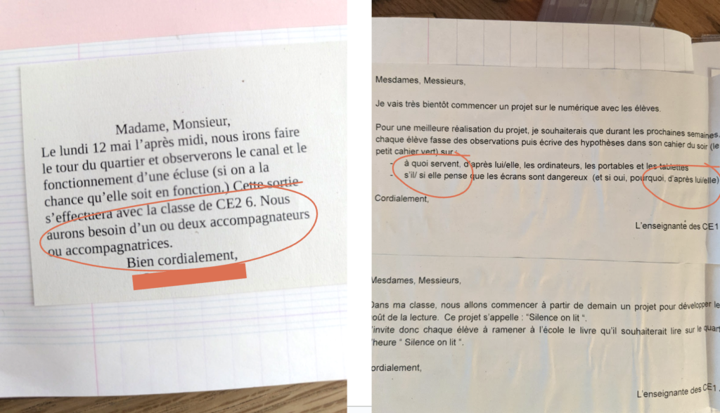Mot dans des cahiers de correspondance où on lit des formulations inclusives avec doublets.