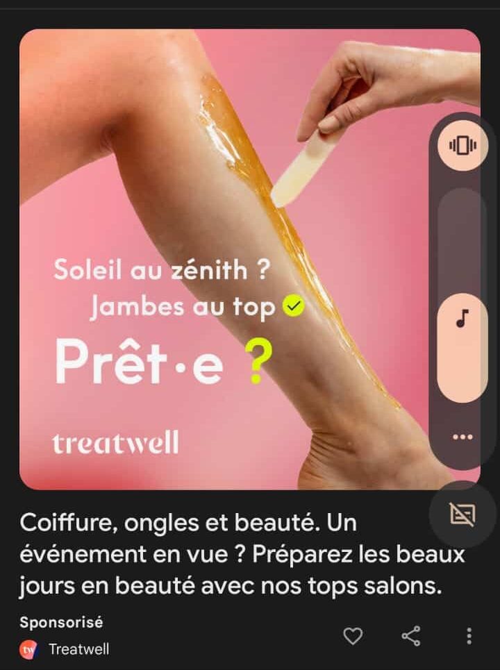Piblicité pour le service Treatwell où on lit : "Soleil au zénith ? jambes au top ? Prêt·e ?" avec un point médian