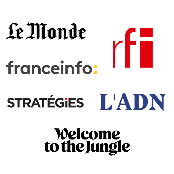 Logo de Le Monde, RFI, france info, Stratégies, l'ADN, Welcome to. the Jungle